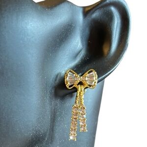 Zircon Crystal Bow Pierced Dangle Earrings in Gold Tone